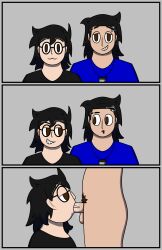 bam_radical black_hair black_shirt blowjob blue_shirt fellatio oral pubic_hair self_insert side_view trend