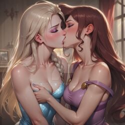 2girls ai_generated alternate_costume alternate_hairstyle arm_at_side arms_at_sides bare_arms bare_shoulders blonde_female blonde_hair blue_dress blue_nails blush bopitphy braid breast_grab breasts brown_hair cleavage closed_eyes collarbone company_connection couple crossover disney disney_princess dress duo elsa_(frozen) eyeshadow female/female female_only frozen_(film) hair_down hand_up hercules_(disney) kissing lips lipstick long_hair love makeup medium_breasts megara multiple_females multiple_girls mutual_yuri nail_polish neck off_shoulder purple_dress purple_eyeshadow queen red_lipstick romantic romantic_couple sleeveless sleeveless_dress small_breasts straight_hair strap_slip strapless strapless_dress tied_hair yuri