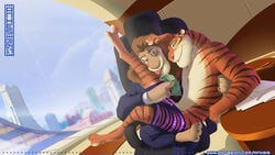 2boys anhes clothing disney furry gay leodore_lionheart male_focus male_only money multiple_boys naughty_face office penis sitting sitting_on_person smile tiger_dancer_(zootopia) undressing window yaoi zootopia