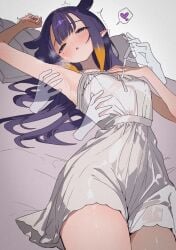 1girl armpit blushing_profusely female heavy_breathing hololive hololive_english lying_on_back ninomae_ina'nis petite_body pointy_ears pulling_clothing small_breasts thin_waist virtual_youtuber visible_breath vtuber wet_clothing