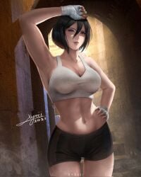 1girls abs alina_becker alternate_costume anime anime_girl arm_up armpits artist_name asian_female athletic_female athletic_wear attack_on_titan bandaged_arm bandaged_fingers bandaged_hand bandages bare_shoulders big_breasts bike_shorts black_hair black_shorts blue_eyes breasts child_bearing_hips cleavage closed_mouth collarbone cosplay cosplayer cowboy_shot crop_top dated exercise_clothing female female_only fingerless_gloves fingernails gloves gym_clothes hair_between_eyes hand_on_own_hip hand_wraps hourglass hourglass_figure indoors japanese japanese_female lips looking_at_viewer midriff mikasa_ackerman mikasa_ackerman_(cosplay) muscular muscular_female navel nose photo-referenced purple_eyes real_person realistic seductive seductive_look short_hair short_shorts shorts signature solo sports_bra sportswear standing stomach sweat tank_top thighs toned underwear voluptuous watermark white_gloves white_sports_bra xyreii