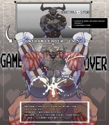 2_horns abs absurd_res anal anal_sex antaam anthro beard bioware blush bodily_fluids boss_fight clothed clothed_sex clothing confident cum cum_inside dominant dominant_male dragon_age duo ejaculation electronic_arts erection eye_patch eyewear facial_hair footwear full_nelson game_over gameplay_mechanics genital_fluids genitals hi_res horn inflated_belly inflation iron_bull large_male leaking_cum leaking_penis level_difference level_number male male/male muscular muscular_bottom muscular_male nulldystopia overconfident penetration penile penile_penetration penis penis_in_ass plapping qunari sex shoes small_comic spank_marks speech_bubble text torn_clothing