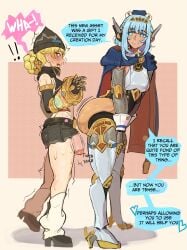 2girls android android_girl artificial_vagina beanie bent_over big_ass blonde_hair blue_hair clothed fake_butt freckles futa_on_female futanari genshin_impact hiddenfuchsia hoyoverse imminent_sex ineffa_(genshin_impact) jahoda_(genshin_impact) large_ass mihoyo offering_sex penis_out penis_out_of_shorts prosthetic prosthetic_arm robot robot_girl shocked yuri