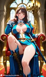 1girls ai_generated breasts castle casual casual_nudity cleavage covered_nipples crown dress encoder fantasy female indoors jewelry large_breasts medieval no_bra no_panties no_underwear pussy queen royalty sitting sword throne vagina