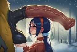 1boy 1girls 2026 ai_generated animal_genitalia bigtub7775 bojack_horseman bojack_horseman_(character) crossover cupping_balls dripping_precum equine_penis fur horsecock huge_balls huge_cock imminent_sex long_penis male miside mita_(miside) penis_on_head poney tagme thick_penis veiny_balls veiny_penis