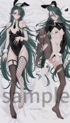 1girl 1girls anal_plug bed belly_button bunny_suit bunnysuit dakimakura exposed_breasts game_freak laying_down legs_apart midriff mtkpasta pokemon pokemon_sv rika_(pokemon) source tagme