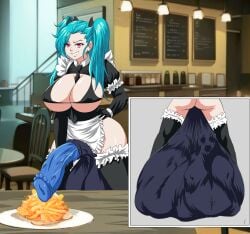 1futa 2girls akeno_(itsnafulol) ass blue_hair breasts cafe cock_vore digestion female female_prey food french_fries futanari gloves hips horsecock horsecock_futa huge_ass huge_breasts imminent_death imminent_vore jonlaosl large_penis looking_at_viewer maid maid_bikini maid_headdress maid_outfit penis pink_eyes predator/prey pregnant pregnant_belly pregnant_female pregnant_prey prey_outline testicles thick_thighs thighhighs twintails vore wide_hips