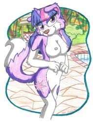 alternate_species anthro border_collie breasts canine casual_nudity collie cutie_mark equine exposure female fluffy fluffy_tail forest friendship_is_magic fur furry hair horn hybrid looking_at_viewer mammal mix multicolored_hair my_little_pony nipples nude nudist outside purple_eyes silversimba01 smile solo traditional_media_(artwork) tree twilight_sparkle_(mlp) unicorn