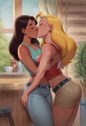 2girls ahoge ai_generated alani_(lilo_and_stitch) alternate_costume aqua_tank_top arched_back ass ass_grab bare_arms bare_legs bare_shoulders belt big_ass black_belt black_hair blonde_female blonde_hair blue_pants blush bopitphy breasts brown_shorts chair closed_eyes collarbone couple curtains dark-skinned_female dark_skin day denim denim_shorts disney duo female/female female_only grabbing grabbing_another's_ass hand_on_another's_ass hugging indoors interracial interracial_couple interracial_yuri jeans kissing leaning leaning_forward legs legs_together lifeguard_(lilo_and_stitch) lilo_and_stitch long_hair love medium_breasts midriff multiple_females multiple_girls mutual_yuri nani_pelekai navel neck pants plant red_tank_top romantic romantic_couple round_nose short_shorts sleeveless standing stool stool_(chair) straight_hair tank_top teenage_girl teenager thick_eyebrows thighs window yuri
