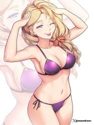 1girls ;p ah_eto..._bleh_(meme) alternate_costume armpits arms_up bare_arms bare_shoulders bikini blonde_hair blue_eyes blush bow breasts cleavage closed_mouth collarbone commentary english_commentary etchimune female female_only fire_emblem fire_emblem:_three_houses hairbow large_breasts long_hair looking_at_viewer meme mercedes_von_martritz navel nintendo one_eye_closed purple_bikini smile solo stomach swimsuit thighs tongue tongue_out zoom_layer
