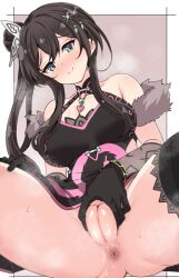 anus armpit_crease assault_lily bare_shoulders black_dress black_gloves black_thighhighs blush border bracelet breasts brown_background brown_hair butterfly_hair_ornament cleft_of_venus closed_mouth clothing_aside collarbone commentary_request cowboy_shot crotch_focus dragon_print dress female fur_shawl gloves green_eyes grey_shawl hair_bun hair_ornament halter_dress halterneck hand_on_own_crotch hand_on_own_thigh head_tilt heavy_breathing jewelry large_breasts looking_at_viewer mak066 nose_blush official_alternate_costume official_alternate_hairstyle outside_border pelvic_curtain pelvic_curtain_aside print_dress pussy pussy_juice serizawa_chikaru shawl sidelocks simple_background single_side_bun sitting sleeveless sleeveless_dress smile solo spread_legs steaming_body thighhighs uncensored white_border