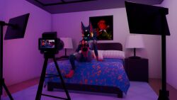 ambiguous_fluids animal_genitalia anthro armor balls bed blue_body blue_fur camera camera_view canid canine canine_genitalia film_studio fox_becket fur furniture genitals hi_res knot looking_at_viewer machine male mammal on_bed pawpads paws protogen recording red_body red_fur seductive sitting sitting_on_bed smutdriottfuck solo visor