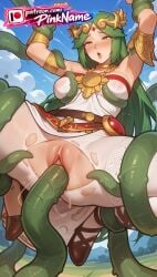 1girl 2026 ai_generated artist_name boobs breasts bust chest clitoral_hood dress exposed_pussy green_eyes green_hair hi_res high_quality highres jewelry juicy_pussy kid_icarus long_hair palutena patreon patreon_username pinkname pussy single_thighhigh solo tentacle_sex tentacles tight_pussy tits torn_clothes torn_dress torn_legwear vagina vaginal very_long_hair watermark white_legwear