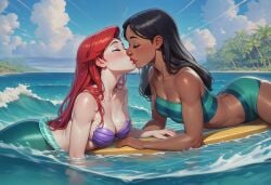 2girls ai_generated alternate_costume aqua_bikini aqua_swimsuit ariel_(the_little_mermaid) bare_arms bare_legs bare_shoulders beach bikini black_hair blush bopitphy breasts cleavage closed_eyes cloud collarbone company_connection couple crossover dark-skinned_female dark_skin day disney disney_princess duo female/female female_only interracial interracial_couple interracial_yuri kissing legs lilo_and_stitch lips lipstick long_hair love lying lying_on_stomach makeup medium_breasts mermaid midriff multiple_females multiple_girls mutual_yuri nani_pelekai neck ocean on_stomach outdoors palm_tree pink_lipstick princess purple_bikini red_hair red_lipstick romantic romantic_couple round_nose shell shell_bikini sky straight_hair strapless strapless_bikini strapless_swimsuit striped striped_bikini striped_swimsuit surfboard surfing swimsuit teenage_girl teenager the_little_mermaid_(1989_film) thick_eyebrows thick_lips thighs tree water waves wet wet_body yuri