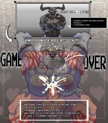2_horns abs absurd_res anal anal_sex antaam anthro beard blush bodily_fluids boss_fight clothing confident cum cum_inside dominant dominant_male duo ejaculation erection eye_patch eyewear facial_hair footwear full_nelson game_over gameplay_mechanics garter_belt garter_belt_socks garter_straps genital_fluids genitals hi_res horn humanoid iron_bull large_male leaking_cum level_difference level_number male male/male muscular muscular_bottom muscular_male nulldystopia overconfident penetration penile penile_penetration penis penis_in_ass plapping small_comic socks spank_marks speech_bubble text