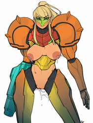 adapted_costume areolae armor armored_samus breasts ejaculate ejaculation female female_only functionally_nude human lactating lactation looking_at_viewer metroid nintendo nipples partially_clothed power_suit pussy pussy_juice r4 samus_aran solo varia_suit visor weapon