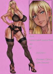 1girl b_0_rukia bare_shoulders black_panties blonde_hair bra calves character_introduction character_name close-up collarbone covered_nipples ear_piercing earrings english_commentary eyelashes fingernails full_body garter_belt garter_straps hand_on_own_hip head_tilt highres hoop_earrings jewelry lingerie lips long_hair looking_at_viewer muscular muscular_female nail_polish nose original panties piercing pink_background pussy reference_sheet see-through_clothes solo straight_hair thighhighs toenail_polish toenails underwear
