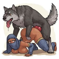 1boy 1girls ai_generated breasts brown_skin canine canine_genitalia canine_on_human canine_penis canine_penis_on_humanoid dark-skinned_female dark_skin female female_on_feral feral hetero hijab human human_on_feral male male_on_human muslim muslim_female penis wolf wolf_dick