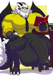 absurd_res accessory astaroth_(mike_dramon) balls big_balls big_muscles big_pecs big_penis black_wings bodily_fluids bone book clothing ear_piercing ear_ring eyewear fluffy fluffy_tail furniture genital_fluids genitals glasses hair hi_res horn huge_balls huge_cock huge_pecs humanoid hyper hyper_balls hyper_genitalia hyper_penis male mike_dramon_(artist) muscular muscular_male neck_tuft necktie pecs penis piercing precum reading reading_book ring_piercing shirt skull skull_head solo table tail topwear tuft white_hair wings yellow_clothing yellow_eyes yellow_shirt yellow_topwear