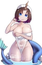 1girls breasts brown_hair brown_horns cleavage collarbone dango dragon_tail eating elma_(dragon_maid) female food highres horns hotvr kobayashi-san_chi_no_maidragon large_breasts light-skinned_female light_skin looking_at_viewer naked_towel onsen partially_submerged patreon_username short_hair simple_background single_horn solo subscribestar_username tail towel wagashi white_background