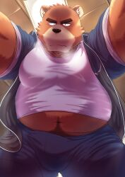 2026 anthro bear black_bear black_nose blue_bottomwear blue_clothing blue_jacket blue_pants blue_topwear bottomwear brown_body brown_fur bulge clothing countershade_snout countershading first_person_view fur genta_iwayama hi_res jacket juuichi_mikazuki looking_at_viewer male mammal moon_bear morenatsu multicolored_body multicolored_fur musclegut muscular muscular_anthro muscular_male navel overweight overweight_anthro overweight_male pants pecs shirt snout solo tan_body tan_countershading tan_fur topwear two_tone_body two_tone_fur ursine white_clothing white_shirt white_topwear