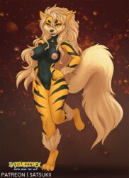 2017 alternate_color animal_ears arcanine artist_name blonde_hair breasts brown_background claws english fangs feet female fox_tail full_body furry half-closed_eyes hand_on_hip highres large_breasts leg_up long_hair looking_at_viewer navel necklace nintendo nipples no_humans nude patreon patreon_username paws personification pokemon pokemon_(species) pokemon_rse pussy satsukii shiny_pokemon simple_background smile solo standing standing_on_one_leg tail teeth text uncensored yellow_eyes