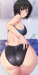 absurdres amagami ass bench black_hair black_one-piece_swimsuit blurry blurry_background breasts brown_eyes commentary_request competition_swimsuit female from_behind highres indoors large_breasts leaning_forward light_blush looking_at_viewer looking_back nanasaki_ai one-piece_swimsuit purple_hair short_hair solo standing swimsuit wet yoo_tenchi