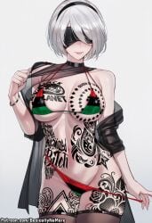 2b_(nier:automata) ai_generated anime basicallynomore blacked female looking_at_viewer nier nier:_automata nier_(series) pan-african_flag_bikini pan_african_colors pubic_tattoo qos qos_tattoo queen_of_spades queen_of_spades_symbol queen_of_spades_tattoo tattoo tattoos white_skin