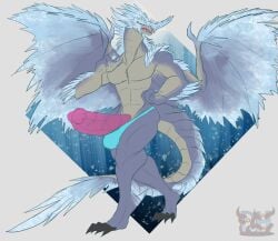 2025 abs angry anthro balls_outline biceps big_penis black_claws black_sclera blue_clothing blue_thong blue_underwear bulge capcom claws clothing daikuhiroshiama dark_sclera detailed_bulge disgust elder_dragon erection fangs genital_outline genitals hi_res horn huge_cock ice looking_at_viewer looking_away male monster_hunter multicolored_body muscular muscular_anthro muscular_male narrowed_eyes penis pupils simple_background slit_pupils snowflake solo spread_wings tail teeth thong toe_claws triceps two_tone_body underwear velkhana walking wings yellow_eyes