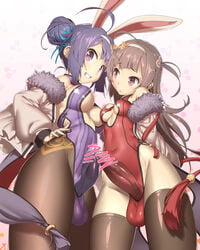 2futas azur_lane balls breasts bunny_ears bunnysuit censored cleavage dickgirl erection frottage futa_on_futa futanari intersex ning_hai_(azur_lane) pantyhose penis penis_size_comparison penis_size_difference ping_hai_(azur_lane) testicles tomoyuki_kotani