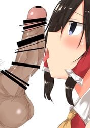 1boy ascot bar_censor black_eyes black_hair blush censored close-up erection eyebrows_visible_through_hair face female from_side golgi_hon hair_tubes highres male_pubic_hair open_mouth penis profile pubic_hair reimu_hakurei sidelocks simple_background straight testicles tongue tongue_out touhou veins white_background