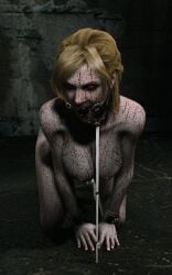 1girls 3d ball_gag big_breasts blonde_hair blood blue_eyes bondage breasts camus08 capcom collar corrupted corruption dead_rising_(series) female gag gagged grey_skin jessica_mccarney leash nipples nude red_sclera shackles solo zombie zombie_girl