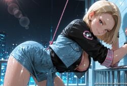 ai_generated android_18 bent_over blonde_hair blue_eyes blush bokeh bound bra breasts city_lights cleavage denim denim_jacket denim_skirt dragon_ball dragon_ball_super dragon_ball_z earrings female female_only jacket jewelry kermixx large_breasts lens_flare looking_at_viewer night open_clothes outdoors patreon_username pink_bra railing rain rope shiny_skin shirt short_hair skirt smile solo thighs underwear wet