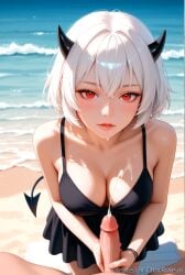 1boy 1boy1girl 1girls ai_generated bracelet breasts cum day dress ejaculation erection female handjob helltaker helltaker_(character) jewelry lips looking_at_viewer male malina malina_(helltaker) ocean outdoors parted_lips penis pov projectile_cum solo_focus straight veins water