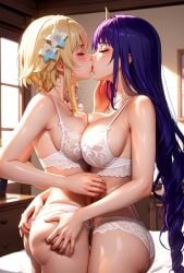 2girls ai_generated animated blonde_hair civitai genshin_impact girls_only grok grok_imagine inminent_sex kissing lingerie lumine_(genshin_impact) mihoyo mikey-rg97 purple_hair raiden_shogun shorter_than_30_seconds sound tagme video younger_female yuri