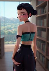 3d 3d_(artwork) 3dcg ai ai-created ai_art ai_generated ass ass_focus ass_grab bare_shoulders black_hair blue_nails blush book bookshelf cgi choker crop_top day female from_behind grabbing_own_ass hair_bun hand_on_own_ass high_waisted_pants indoors kpop_demon_hunters library looking_at_viewer looking_back nail_polish short_hair smile solo solo_female standing strapless tight_clothes tight_pants tube_top zoey_(kpop_demon_hunters)