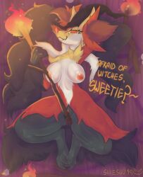 anthro ass beard big_breasts big_butt bodily_fluids breasts candle canid canine clothing facial_hair feet_together_knees_apart female fire fox fur generation_9_pokemon genital_fluids genitals hat headgear headwear hi_res looking_at_viewer lying lying_on_ground magic_user mahoxy mammal mega_delphox mega_evolution mega_mahoxy multicolored_body nintendo nipples on_back on_ground orange_eyes orange_nipples orange_vulva pokemon pokemon_(species) pokemon_legends:_z-a pokemon_xy raised_arm red_body red_fur rubbing_against rubbing_vulva shieshuqqq smile smiling_at_viewer smirk smirking_at_viewer solo speech_bubble spread_legs spreading stick summoning_circle thick_thighs vaginal_fluids vulva white_body white_fur witch witch_hat yellow_body yellow_fur
