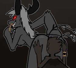 4_fingers anthro anthro_on_anthro arthropod ass bent_over big_butt black_body black_fur blush butt_grab clara_(fr0gv0re) dominant dominant_anthro dominant_female duo face_in_ass female fingers fur grey_body grey_fur grey_hair grey_nipples grin hair hand_on_butt insects interspecies larger_anthro larger_dom larger_female lepidopteran male male/female moth nipples pupils red_eyes red_pupils red_sclera sharp_teeth size_difference smaller_anthro smaller_male smile smirk submissive submissive_anthro submissive_male teeth thick_thighs ultilix