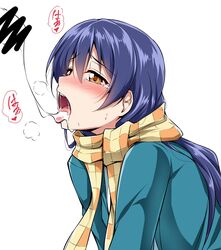 bangs blue_coat blue_hair blush censored checkered_scarf coat commentary_request cum cum_in_mouth cum_on_tongue cum_string eyebrows_visible_through_hair female hair_between_eyes highres long_hair love_live! love_live!_school_idol_project mouth open_mouth penis scarf simple_background solo_focus sonoda_umi tearing_up tongue tongue_out upper_body white_background yellow_eyes yopparai_oni