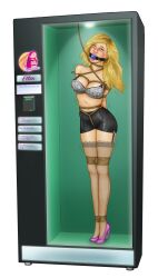 1girls arms_behind_back ball_gag blonde_hair bondage bound bound_arms bound_legs cleavage crotch_rope crying drool drooling english_text female female_only femsub gag gagged girlstrapped high_heels in_container png rope tears text thighhighs vending_machine
