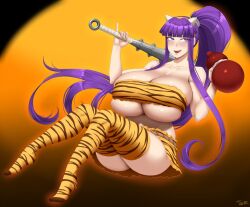 ass cleavage eiken gigantic_breasts halloween halloween_costume huge_ass huge_breasts kanabou kirika_misono licking_lips long_hair miniskirt oni oni_horns ponytail purple_eyes purple_hair sake_bottle tiger_print tongue_out tubetop twrlare underboob very_long_hair