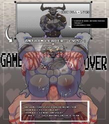 2_horns abs absurd_res anal anal_sex antaam anthro beard blush bodily_fluids boss_fight clothing confident cum dominant dominant_male duo erection eye_patch eyewear facial_hair footwear full_nelson game_over gameplay_mechanics garter_belt garter_belt_socks garter_straps genital_fluids genitals hi_res horn humanoid iron_bull large_male leaking_cum level_difference level_number male male/male mostly_nude muscular muscular_bottom muscular_male nulldystopia overconfident penetration penile penile_penetration penis penis_in_ass plapping small_comic socks spank_marks speech_bubble text