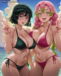 2girls :d ai_generated asymmetrical_docking bangs bikini black_hair blush braid breast_press breasts cleavage cloud collarbone crossover dandanhub day demon_slayer female female_only fubuki_(one-punch_man) gradient_hair green_bikini green_eyes green_hair kanroji_mitsuri kimetsu_no_yaiba large_breasts long_hair looking_at_viewer mitsuri_kanroji mole mole_on_breast mole_under_eye multicolored_hair multiple_girls navel ocean one-punch_man open_mouth outdoors pink_bikini pink_hair short_hair side-tie_bikini_bottom sky smile stomach sweat swimsuit twin_braids v