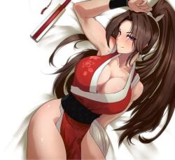 1girl artist_name bare_shoulders big_breasts blush blushing breasts brown_eyes brown_hair capcom cleavage collarbone commentary_request fan fatal_fury female female_only folding_fan hair_up hand_fan high_ponytail highres japanese_clothes large_breasts light_blush long_hair looking_at_viewer mai_shiranui ninja on_bed pelvic_curtain ponytail sash shiranui_mai smile snk street_fighter street_fighter_6 thighs toned varbecrank wrist_guards