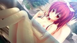 1boy 1girl back-to-back black_hair breasts cleavage collarbone dutch_angle game_cg hair_ribbon high_ponytail highres long_hair love_ra_bride medium_breasts mixed-sex_bathing nipples nude onsen outdoors parted_lips ponytail red_eyes red_hair ribbon sakuranomori_misaki shared_bathing sitting sweatdrop takano_yuki twirling_hair white_ribbon