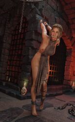 1girls 2018 3d blonde_hair bondage breasts captured chains dungeon female gag gagged jamewycliffe nipples original shackles solo