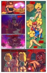 2_horns animal_humanoid anklet arms_tied ass big_breasts big_bulge black_clothing black_dress black_footwear black_high_heels blonde_hair blue_eyes bondage bound bowser bowsette_meme breasts brown_clothing brown_footwear brown_shoes bulge bulge_fondling butt_grab cage captured castle chair clothing collar collar_only comic crossed_legs crown dialogue dress english_text facial_hair female footwear fred_perry furniture green_clothing green_footwear green_shoes grey_clothing grey_leotard group hair hand_on_butt headgear hi_res high_heels horn huge_bulge human humanoid imminent_sex jewelry koopa koopa_humanoid koopa_troopa leash leashed_collar legband leotard male mammal mario mario_bros meme moustache mtf_crossgender nintendo nipple_outline nude overalls red_hair restrained restraints rope rope_bondage rule_63 scalie scalie_humanoid shoes speech_bubble spiked_anklet spiked_legband spikes super_crown tail text throne