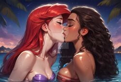 2girls ai_generated ariel_(the_little_mermaid) arm_at_side bare_arms bare_shoulders beach bikini black_hair blush bopitphy breasts brown_lipstick cleavage closed_eyes cloud collarbone company_connection couple crossover dark-skinned_female dark_skin disney disney_princess duo female/female female_only interracial interracial_couple interracial_yuri island jewelry kissing lips lipstick long_hair love makeup medium_breasts mermaid moana moana_waialiki mountain multiple_females multiple_girls mutual_yuri neck necklace night night_sky ocean outdoors palm_tree pink_lipstick princess purple_bikini red_hair red_tubetop romantic romantic_couple shell shell_bikini sky straight_hair strapless strapless_bikini teenage_girl teenager the_little_mermaid_(1989_film) thick_eyebrows tree tubetop upper_body water wavy_hair wet wet_body wet_clothes wet_hair yuri