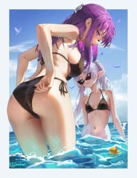 2girls absurdres adjusting_clothes adjusting_swimsuit ass bikini black_bikini blue_sky border breasts cleavage closed_mouth cloud commentary day earrings elf english_commentary fern_(sousou_no_frieren) frieren green_eyes half_updo highres izei1337 jewelry large_breasts long_hair long_pointy_ears multiple_girls navel ocean open_mouth outdoors outside_border parted_bangs partially_submerged pointy_ears purple_eyes purple_hair rubber_duck sideboob sidelocks sky small_breasts smile sousou_no_frieren stomach sunglasses swimsuit twintails wading white_border white_hair