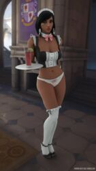 3d black_eyes black_hair blender bow_panties chateau_guillard_(map) dark-skinned_female dark_skin female high_resolution looking_at_viewer maid maid_headdress no_pants overwatch panties pantsu pharah pharah-best-girl shoes thighhighs underwear white_legwear white_panties white_thighhighs white_underwear